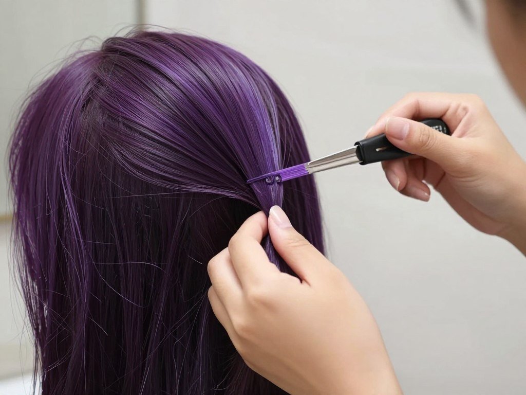 Woman applying semi-permanent purple dye to refresh highlights at home
