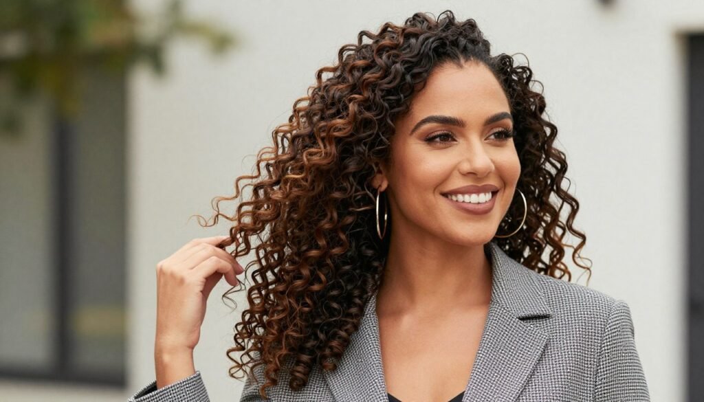 Woman confidently showcasing her beautiful curly half up half down weave hairstyle Woman confidently showcasing her beautiful curly half up half down weave hairstyle