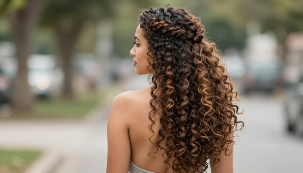 Woman confidently showing off her half up half down curly hairstyle