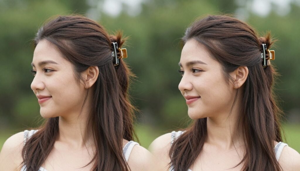 Woman confidently wearing a half up half down claw clip hairstyle in a natural outdoor setting Woman confidently wearing a half up half down claw clip hairstyle in a natural outdoor setting