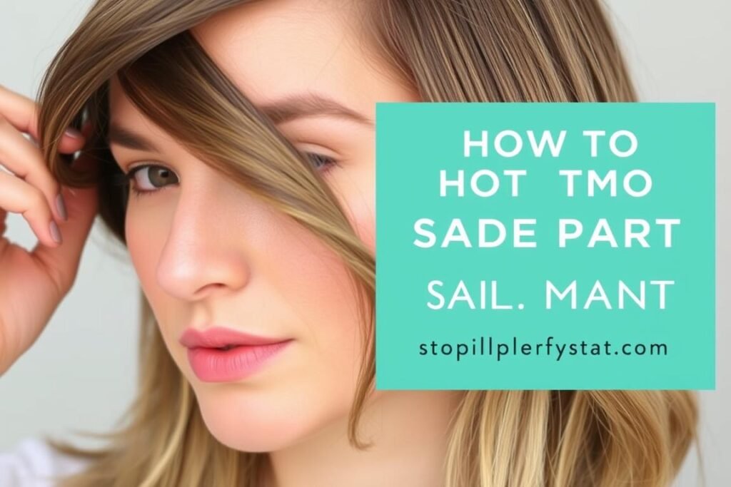 Woman creating a deep side part in her medium-length hair