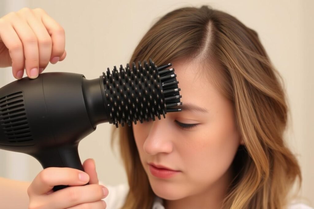 Woman creating volume at the crown of her medium-length hair