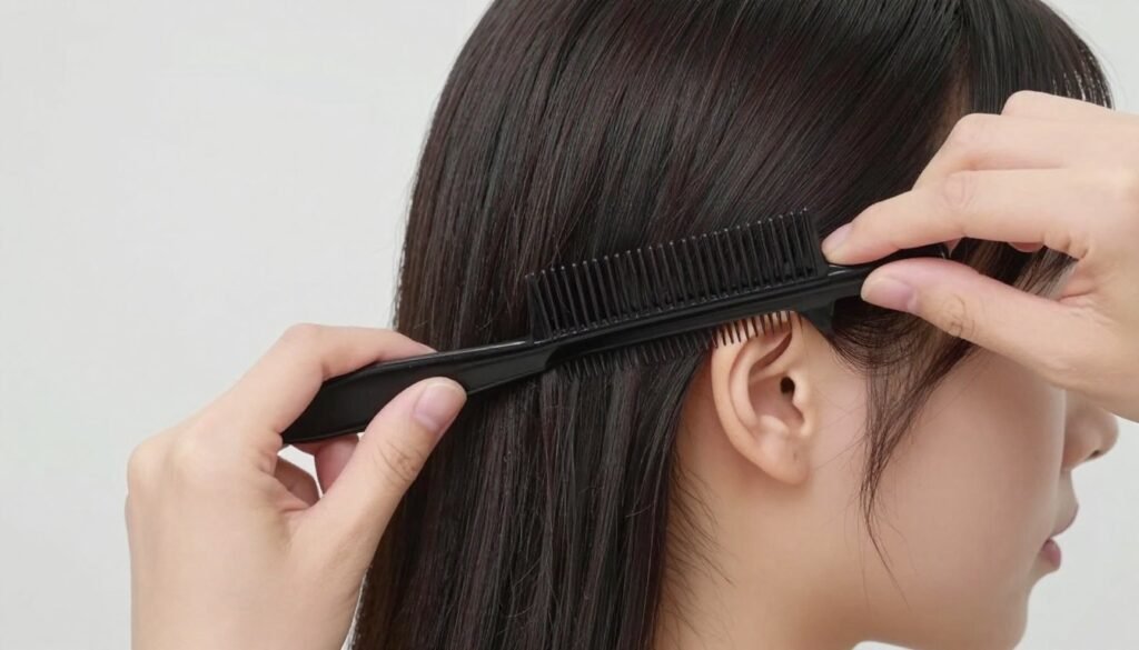 Woman demonstrating hair sectioning technique for half up half down hairstyles
