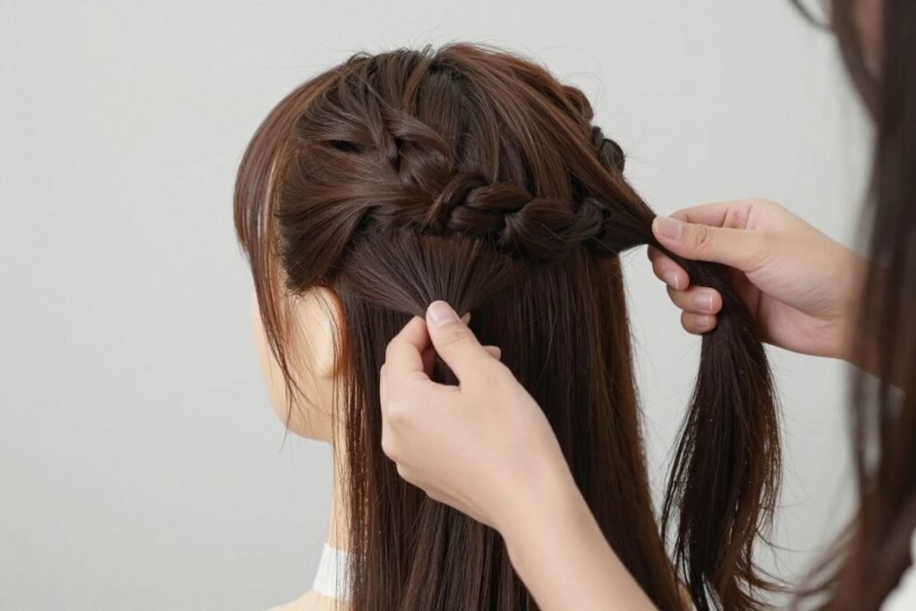 Woman demonstrating how to refresh a half up half down wig style without complete restyling