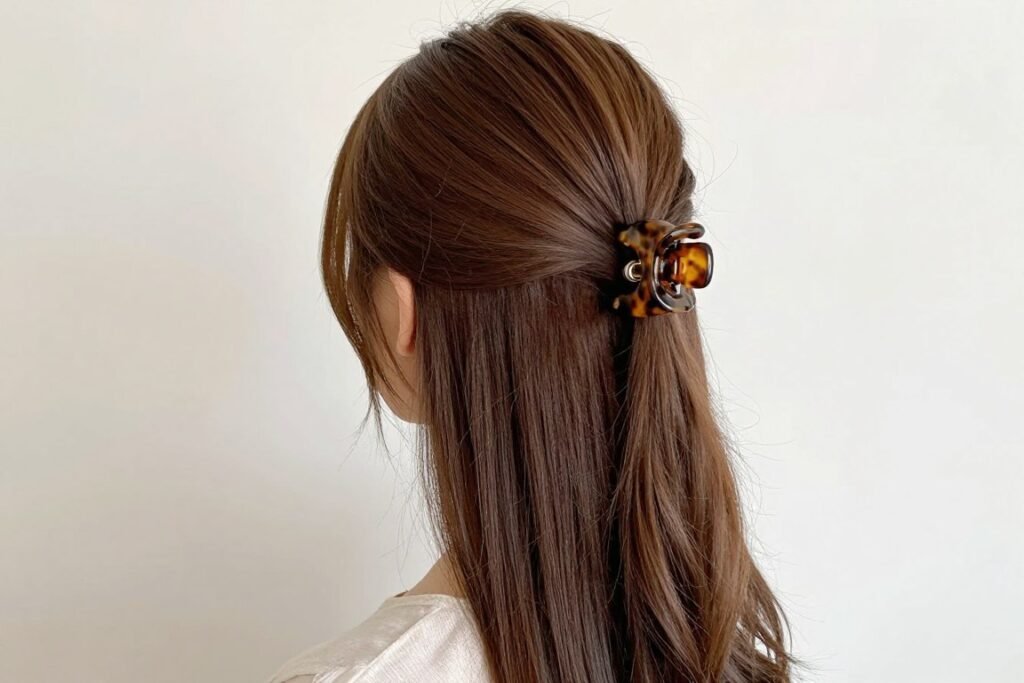 Woman demonstrating the basic half up half down claw clip hairstyle from behind Woman demonstrating the basic half up half down claw clip hairstyle from behind