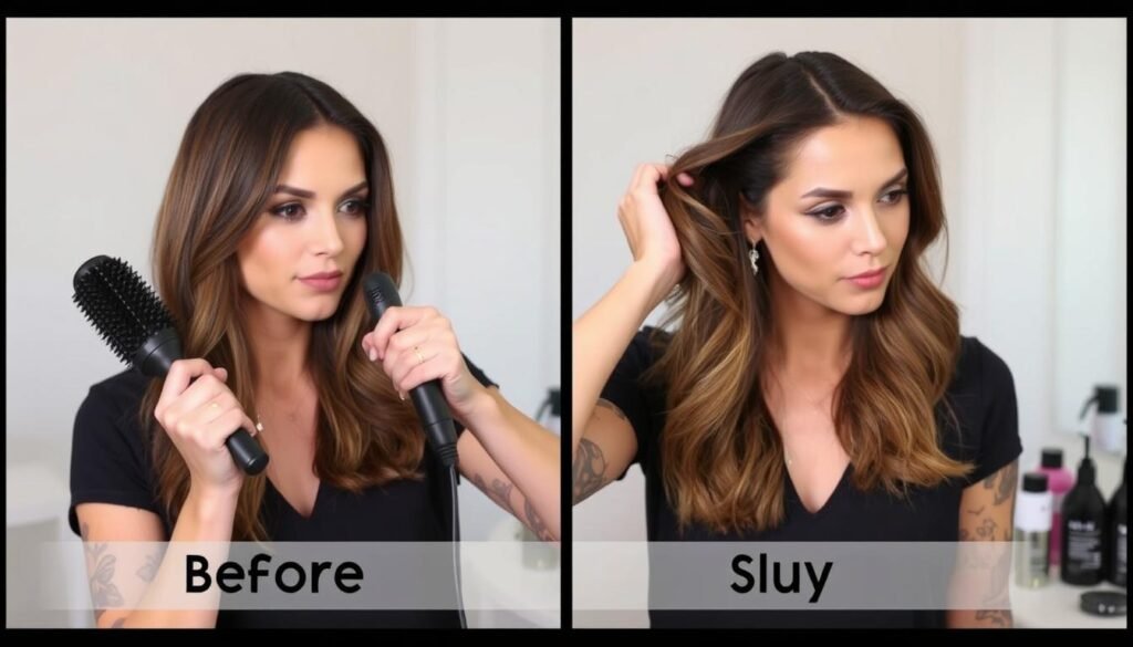 Woman demonstrating volume-building styling techniques for medium length thin fine hair