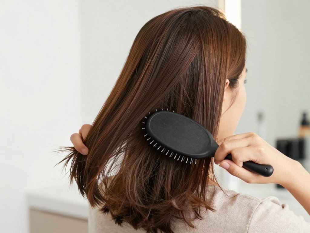 Woman preparing hair for half up half down slick back by brushing thoroughly Woman preparing hair for half up half down slick back by brushing thoroughly