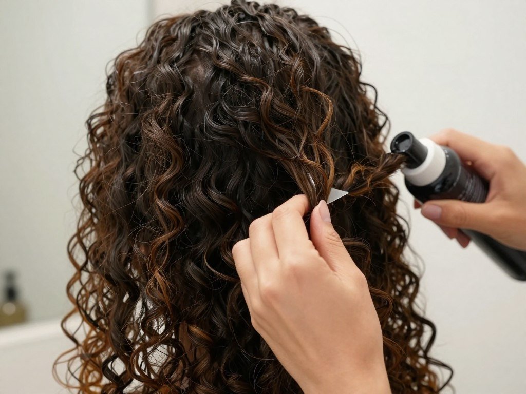 Woman prepping curly hair with product before styling half up half down Woman prepping curly hair with product before styling half up half down