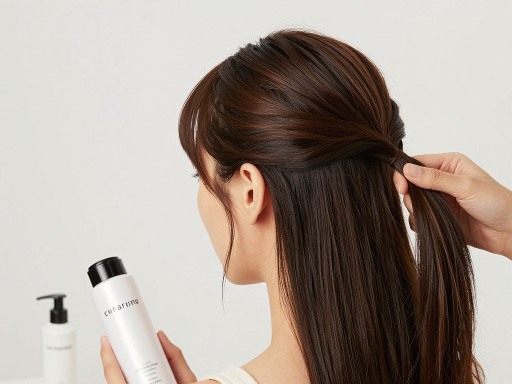 Woman prepping hair with products before styling half up half down pigtails Woman prepping hair with products before styling half up half down pigtails