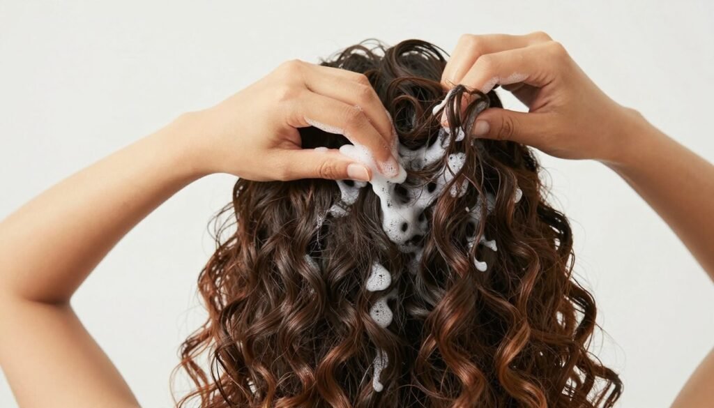 Woman refreshing her half up half down curly hair with product showing the technique