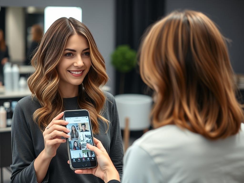 Woman showing inspiration photos to hairstylist for medium length layered haircut