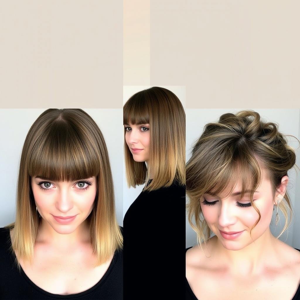 Woman showing versatility of medium length haircut with bangs styled in different ways