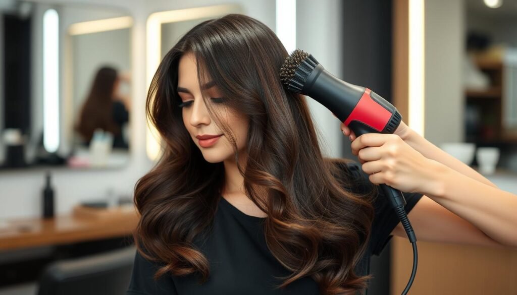 Woman styling dark brunette hair with round brush and blow dryer Woman styling dark brunette hair with round brush and blow dryer