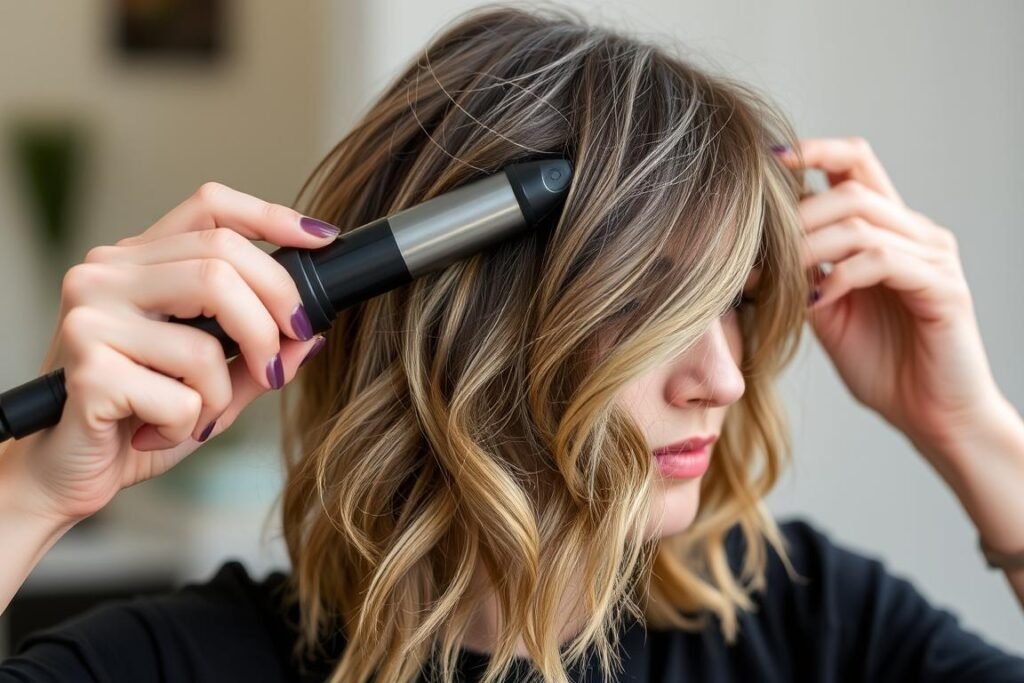 Woman styling effortless waves in her medium length layered haircut