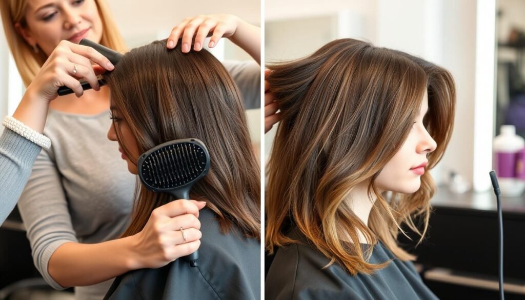 Woman styling medium length thin fine hair with volume-boosting techniques