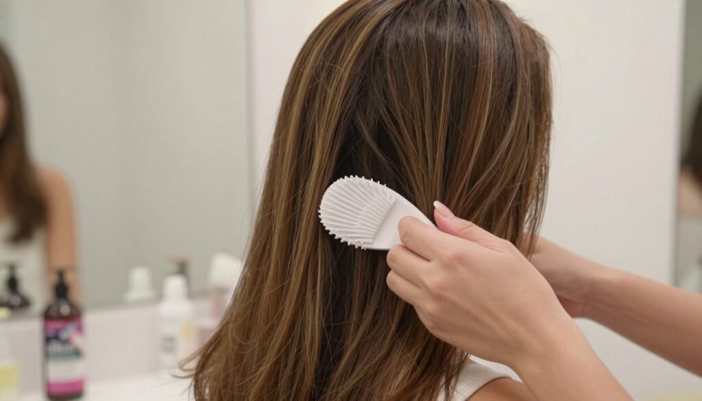 Woman using color-safe hair products to maintain caramel highlights Woman using color-safe hair products to maintain caramel highlights
