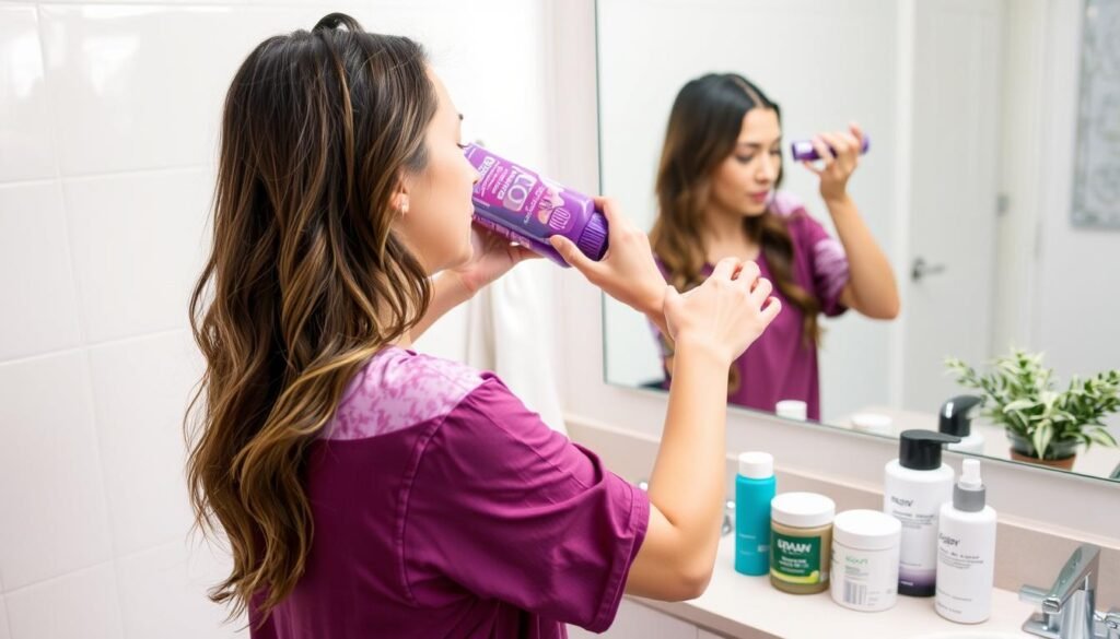 Woman using purple shampoo and hair mask to maintain mushroom brown balayage