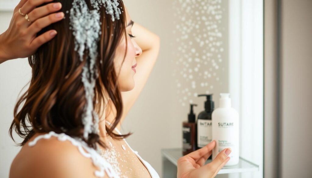 Woman washing her brunette hair with color-safe products in a stylish bathroom