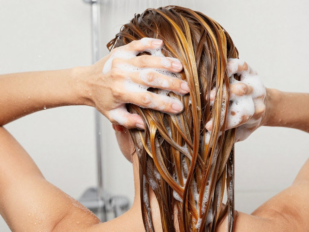 Woman washing highlighted brown hair with color-safe shampoo Woman washing highlighted brown hair with color-safe shampoo
