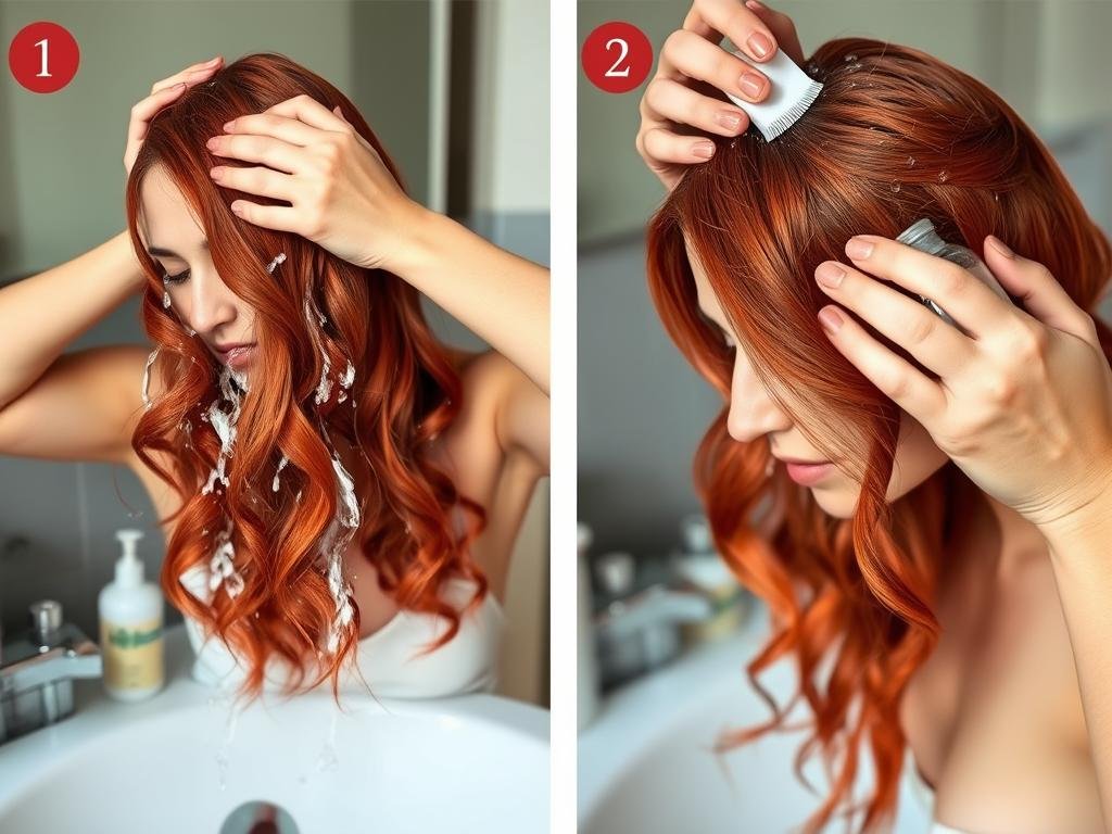 Woman washing red copper hair with color-safe products Woman washing red copper hair with color-safe products