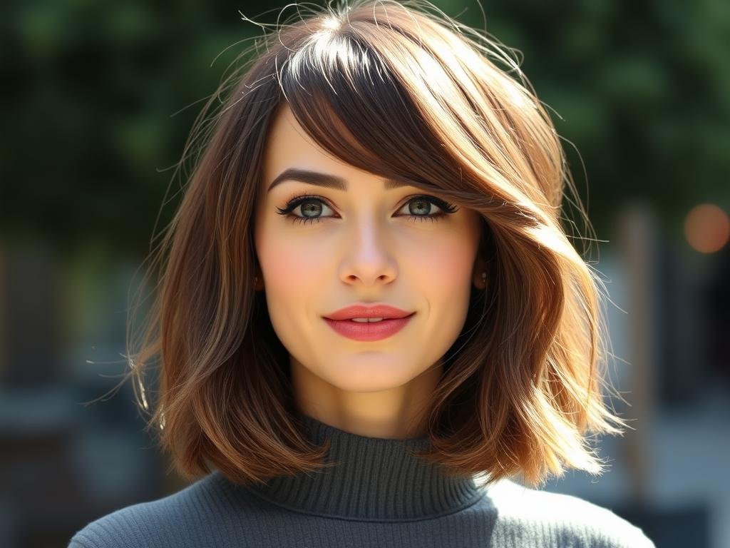 Woman with French-inspired medium bob with elegant side-swept bangs