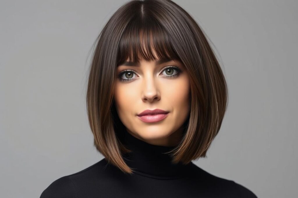 Woman with a French bob cute medium length haircut featuring micro bangs and a chin-length cut