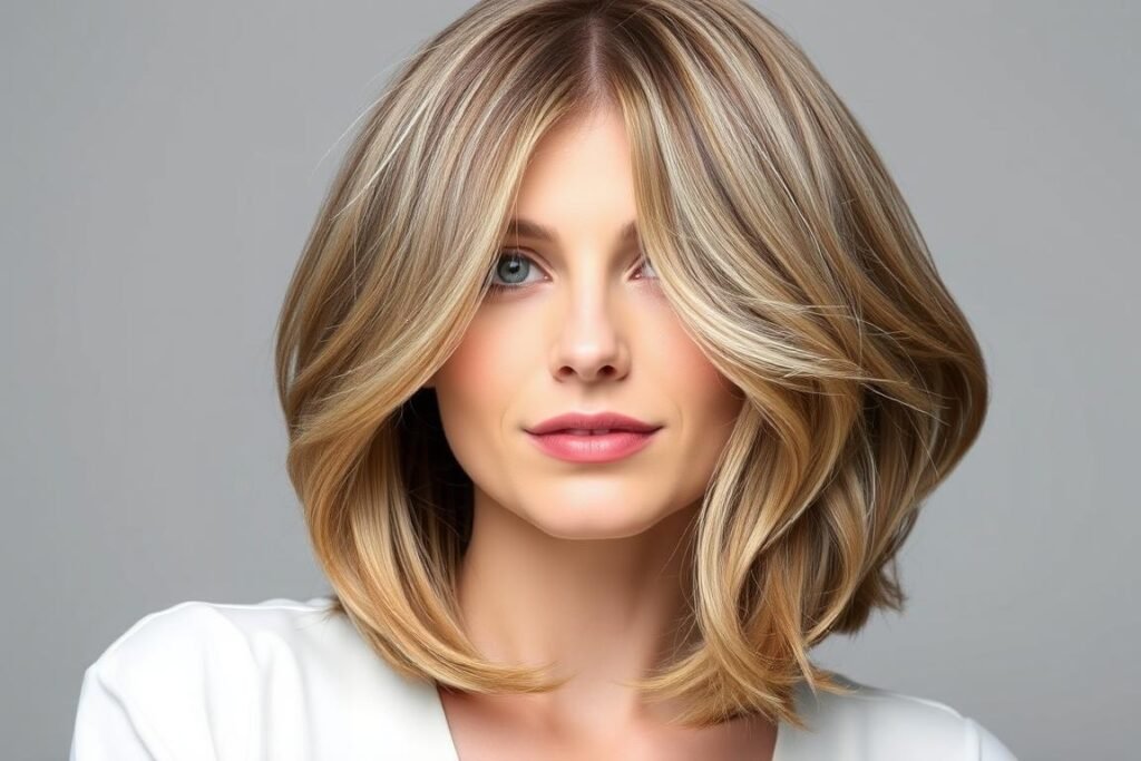 Woman with a U-shaped cute medium length haircut featuring subtle layers and a rounded silhouette