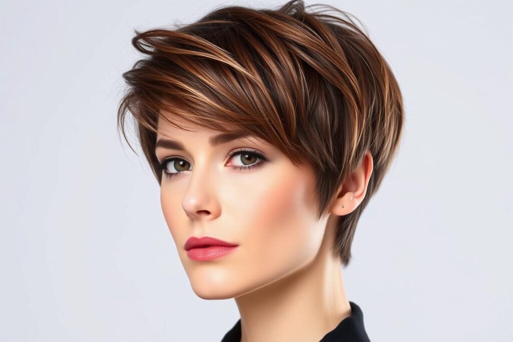 Woman with a bixie haircut that combines elements of a bob and a pixie Woman with a bixie haircut that combines elements of a bob and a pixie
