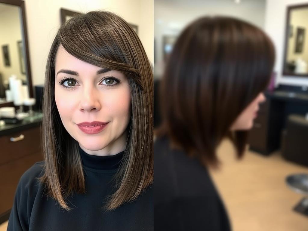 Woman with a blunt medium-length cut and long side bangs