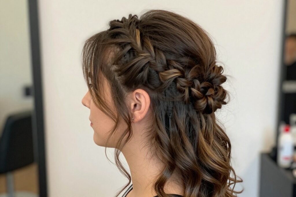 Woman with a braided half top knot showing the Dutch braid leading into a small bun with loose hair flowing down Woman with a braided half top knot showing the Dutch braid leading into a small bun with loose hair flowing down