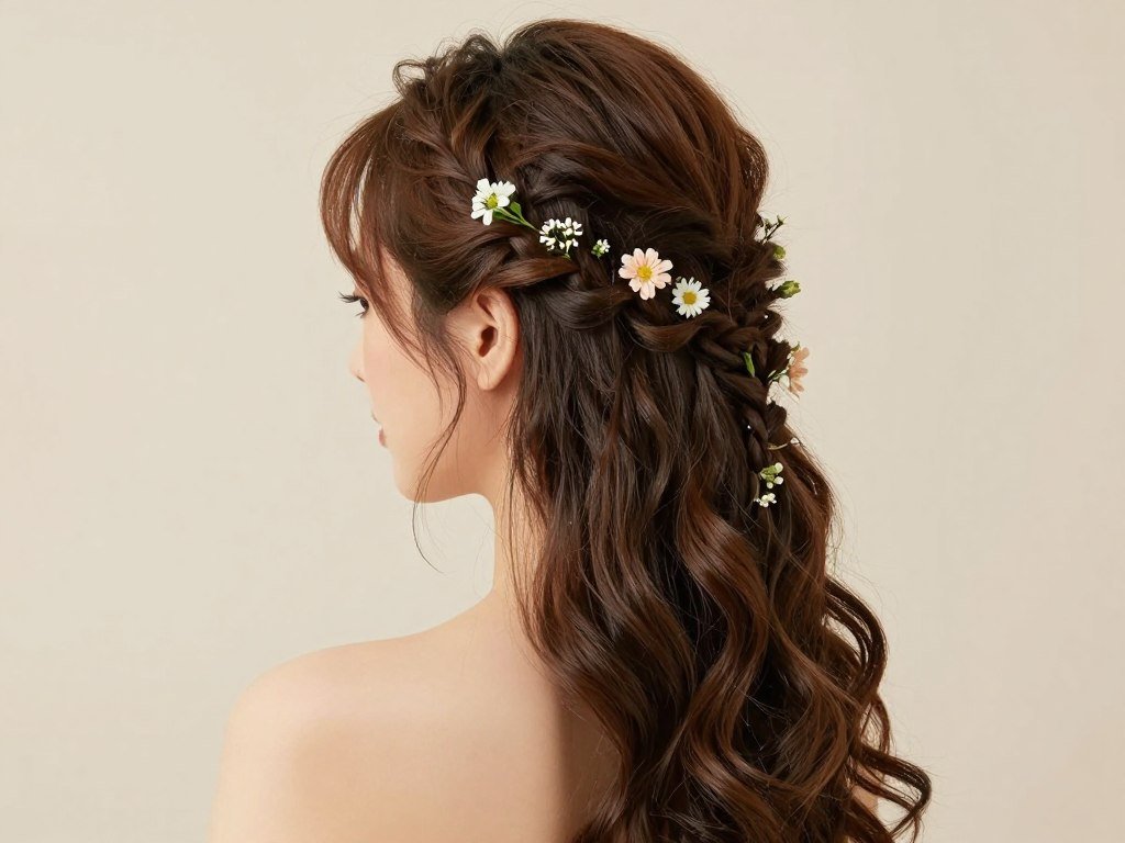Woman with a braided half-up half-down updo adorned with small flowers Woman with a braided half-up half-down updo adorned with small flowers