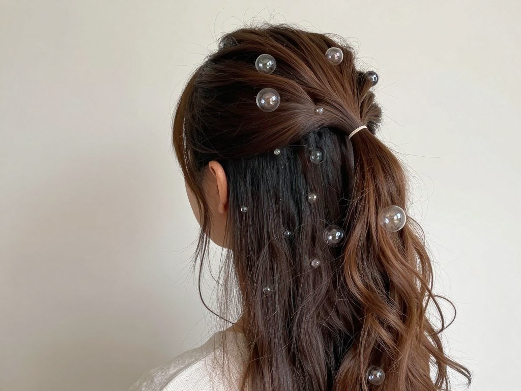 Woman with a bubble half ponytail showing the playful, trendy style that adds visual interest to long hair Woman with a bubble half ponytail showing the playful, trendy style that adds visual interest to long hair