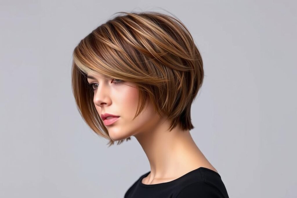 Woman with a butterfly haircut featuring face-framing layers and volume Woman with a butterfly haircut featuring face-framing layers and volume