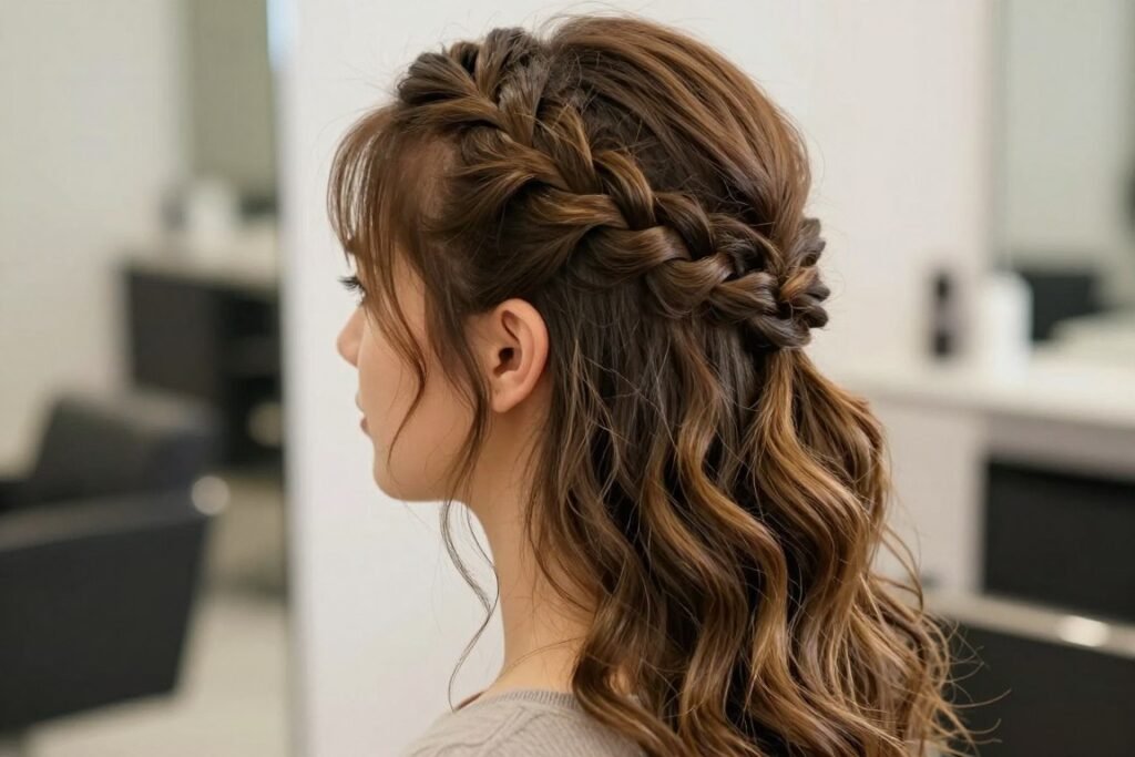 Woman with a classic half up Dutch braid showing the raised braid effect with loose hair flowing down Woman with a classic half up Dutch braid showing the raised braid effect with loose hair flowing down