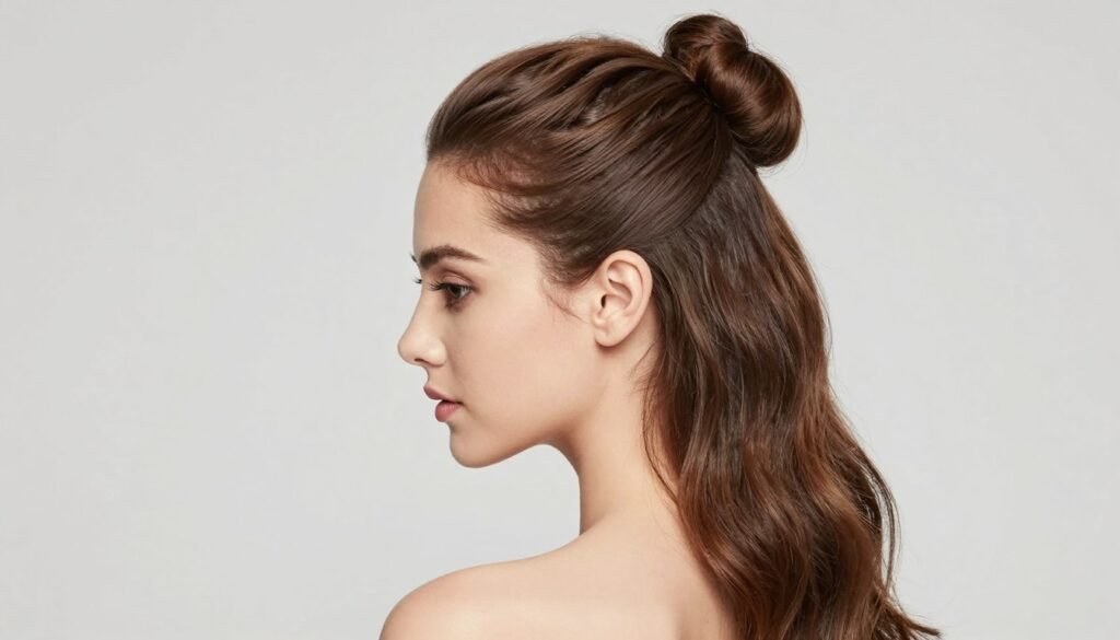 Woman with a classic half up half down bun hairstyle showing the top section of hair gathered into a neat bun while the bottom half flows freely