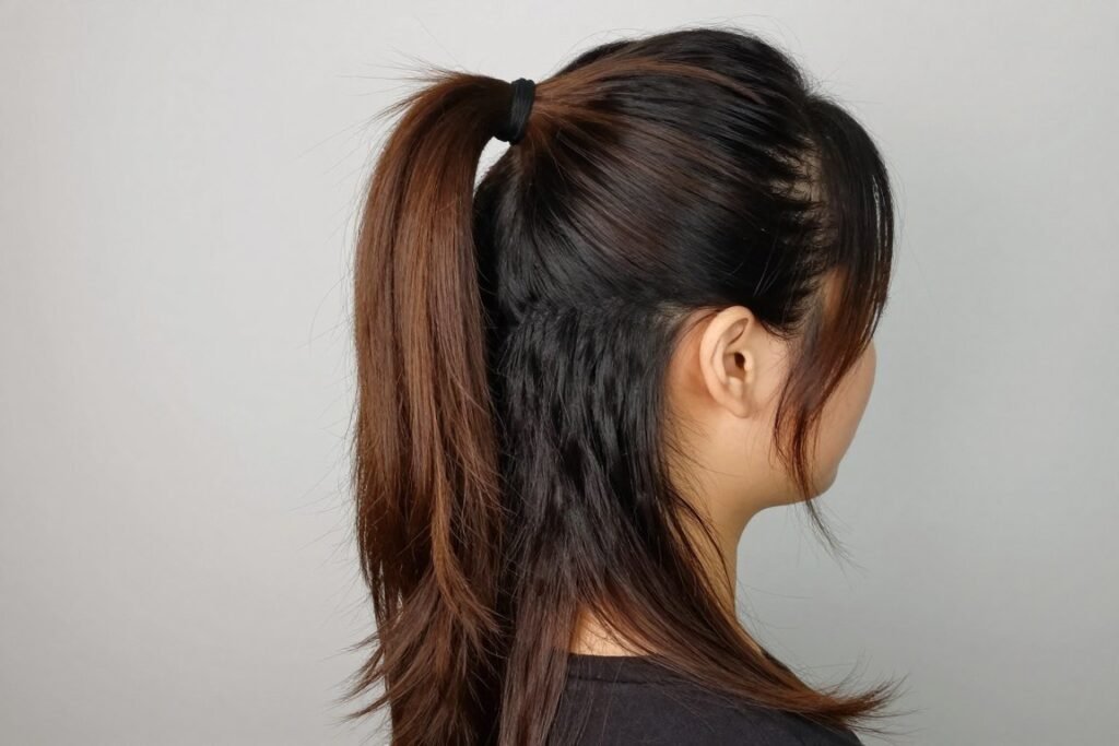 Woman with a classic half up half down ponytail hairstyle