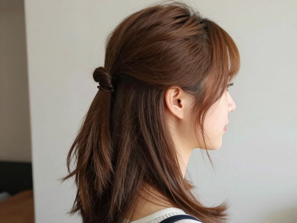 Woman with a classic half up half down ponytail hairstyle showing the simple elegance of this easy style Woman with a classic half up half down ponytail hairstyle showing the simple elegance of this easy style