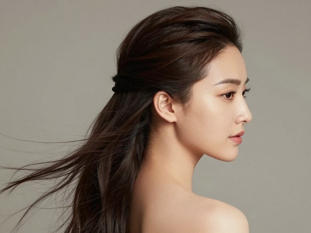 Woman with a classic half up half down ponytail style showing the top half of hair pulled back into a simple ponytail Woman with a classic half up half down ponytail style showing the top half of hair pulled back into a simple ponytail