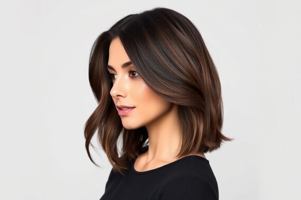 Woman with a collarbone-grazing cute medium length haircut featuring flipped-out ends