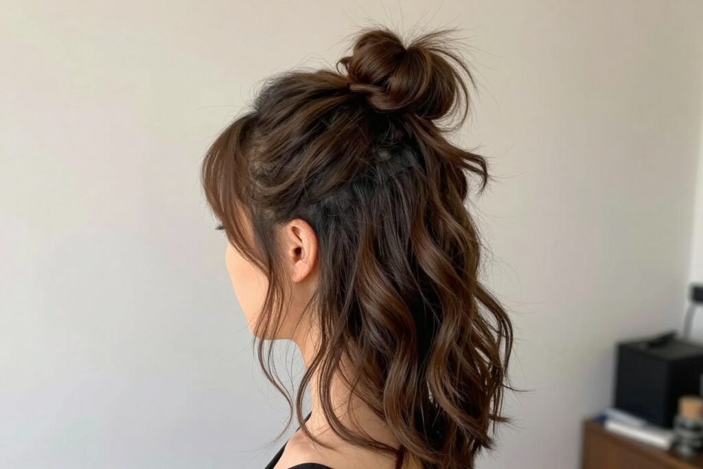 Woman with a cute half up top knot bun hairstyle