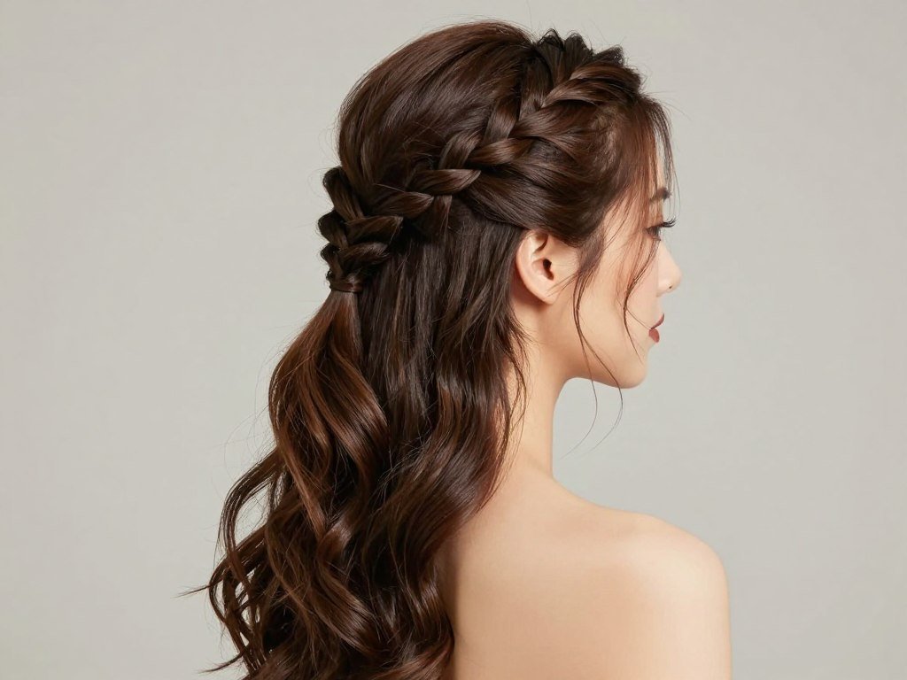 Woman with a fishtail braid half-up half-down hairstyle showing detailed braiding pattern Woman with a fishtail braid half-up half-down hairstyle showing detailed braiding pattern