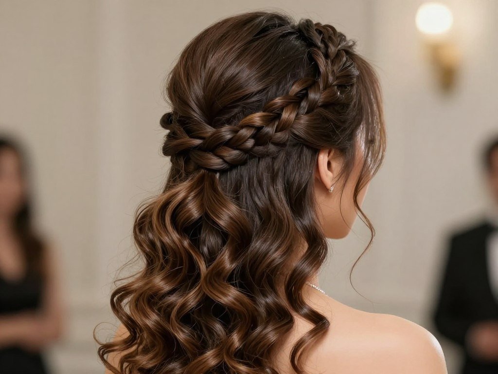 Woman with a formal braided half up half down crown hairstyle for special occasions Woman with a formal braided half up half down crown hairstyle for special occasions