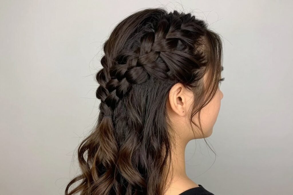 Woman with a half up Dutch braid hairstyle
