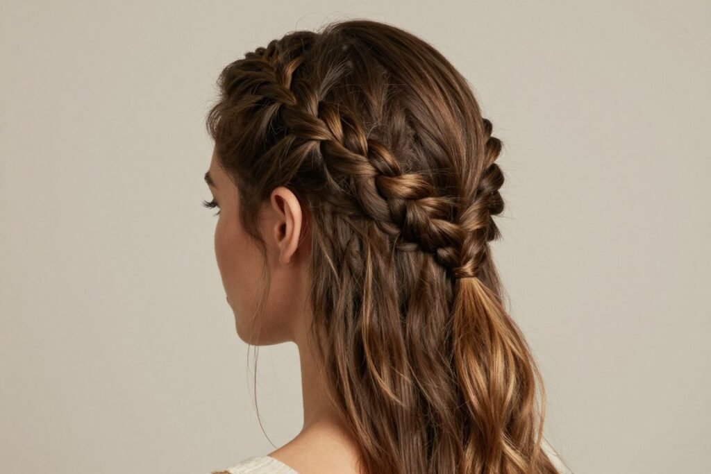 Woman with a half up braided crown hairstyle