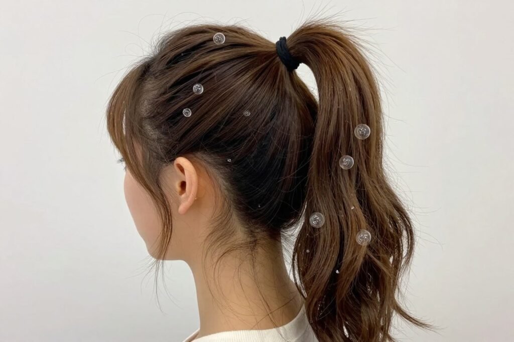 Woman with a half up bubble ponytail hairstyle