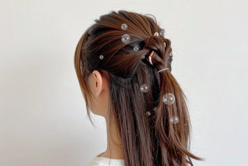 Woman with a half up bubble ponytail hairstyle