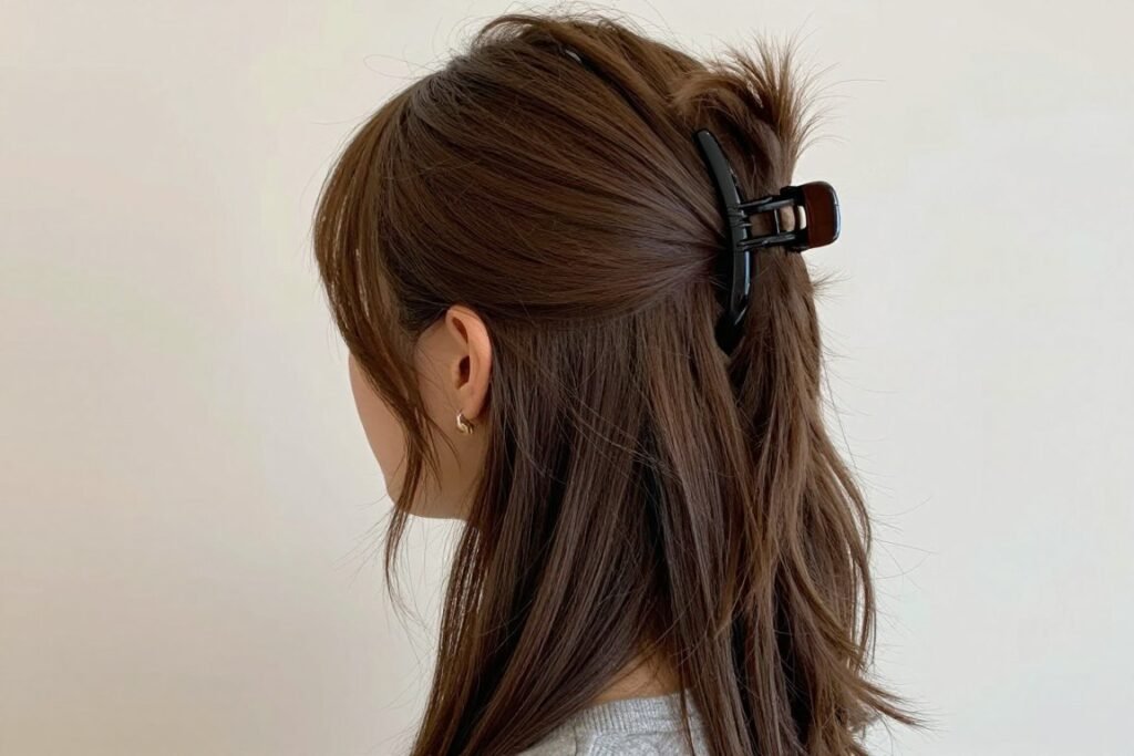 Woman with a half up claw clip hairstyle
