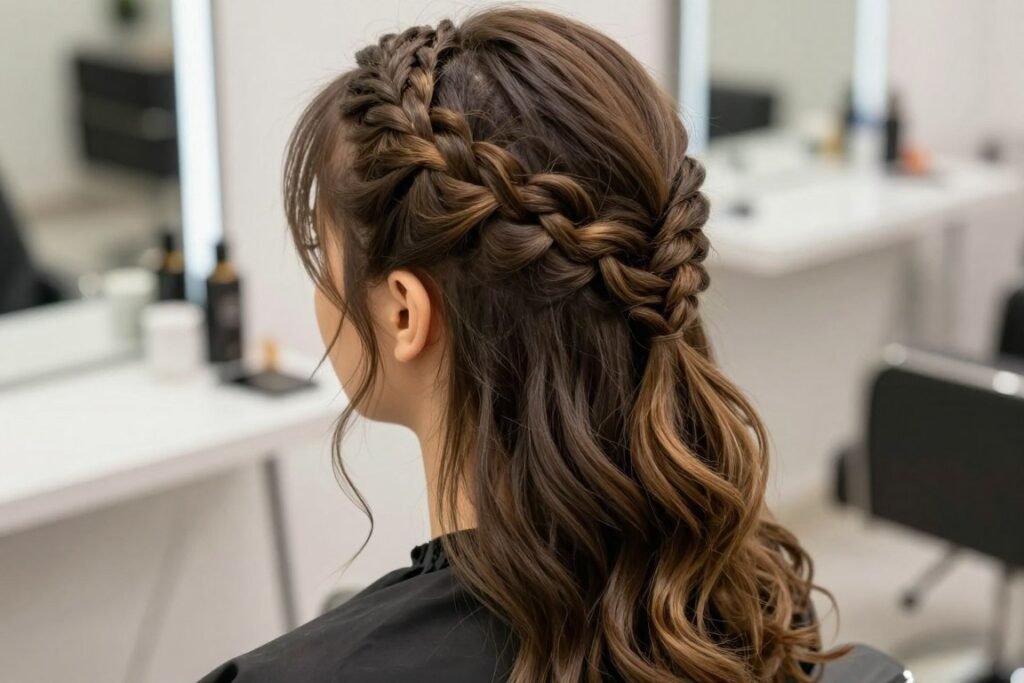 Woman with a half up fishtail braid hairstyle