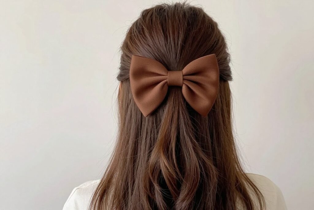 Woman with a half up hair bow hairstyle