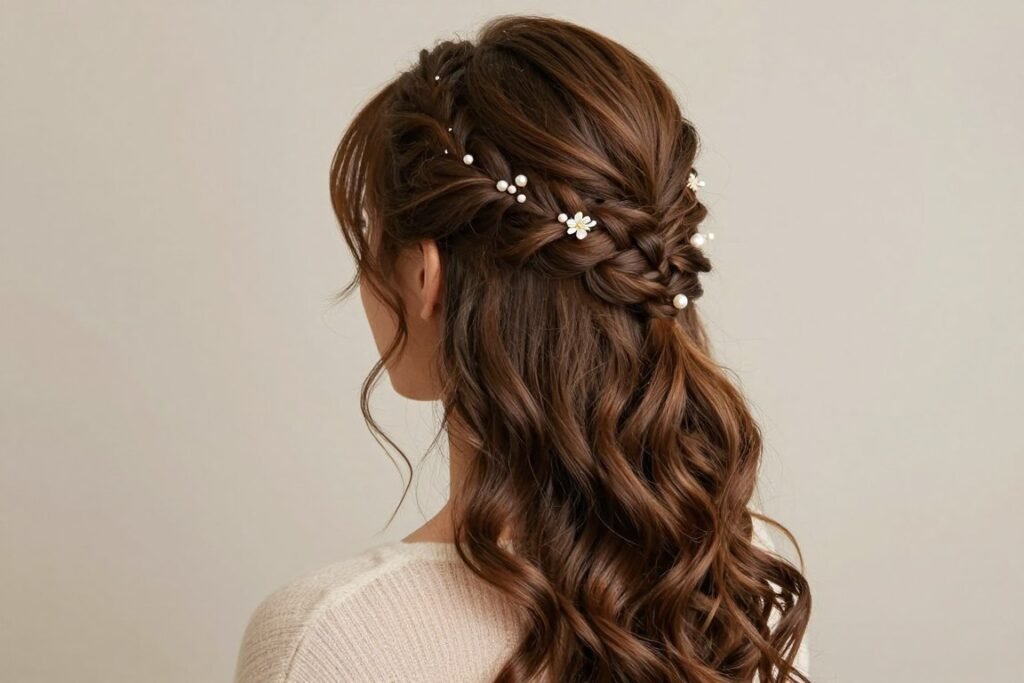 Woman with a half up hairstyle featuring an accessorized braid for special occasions